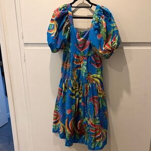 FARM Rio Blue Tropical Puff-Sleeve Midi Dress